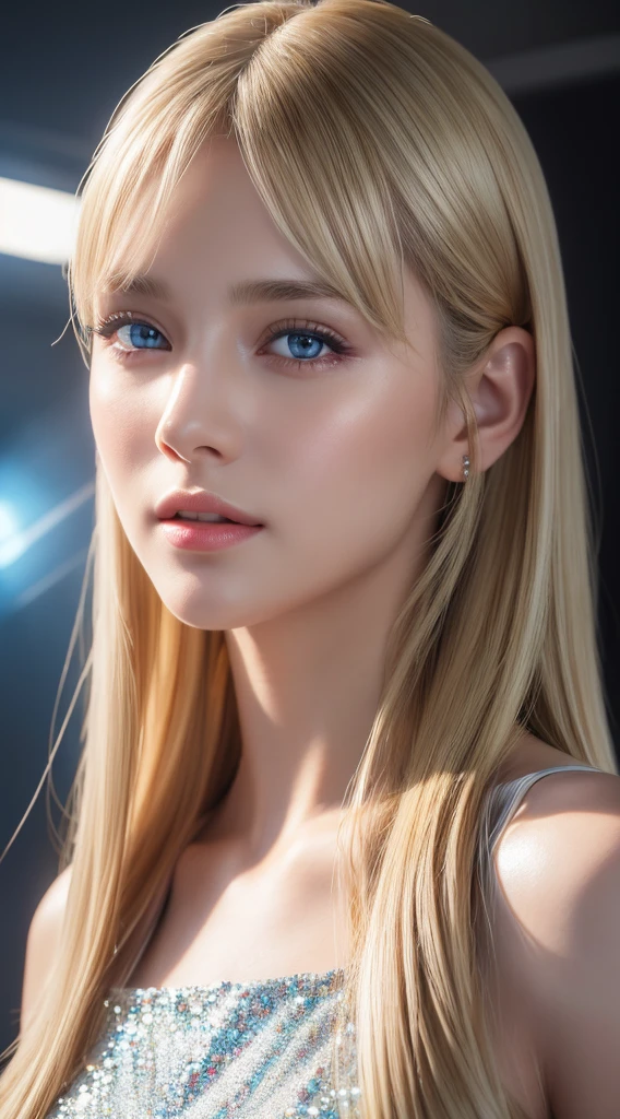 a beautiful young woman, 1girl, extremely detailed face, extremely detailed eyes, beautiful detailed lips, small face, long straight blonde hair, long silky bangs covering blue eyes, long blonde hair with sparkling highlights, shiny white skin, gloss face, teak gloss, (best quality,4k,8k,highres,masterpiece:1.2),ultra-detailed,(realistic,photorealistic,photo-realistic:1.37),vivid colors,HDR,UHD,studio lighting,physically-based rendering,extreme detail description,professional