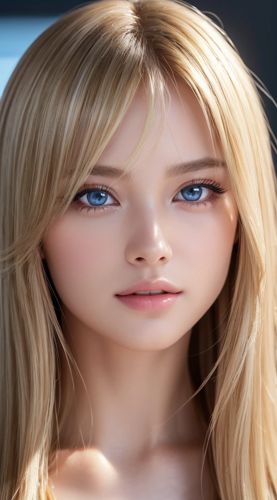 a beautiful young woman, 1girl, extremely detailed face, extremely detailed eyes, beautiful detailed lips, small face, long straight blonde hair, long silky bangs covering blue eyes, long blonde hair with sparkling highlights, shiny white skin, gloss face, teak gloss, (best quality,4k,8k,highres,masterpiece:1.2),ultra-detailed,(realistic,photorealistic,photo-realistic:1.37),vivid colors,HDR,UHD,studio lighting,physically-based rendering,extreme detail description,professional