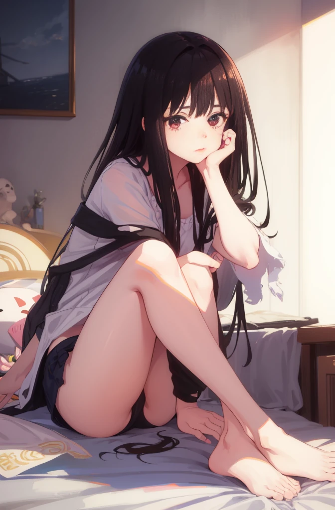 Black Hair、Semi-long hair、Blushing、In underwear、I can see her panties、M-shaped legs、On the bed、Glamorous expression、Random pose