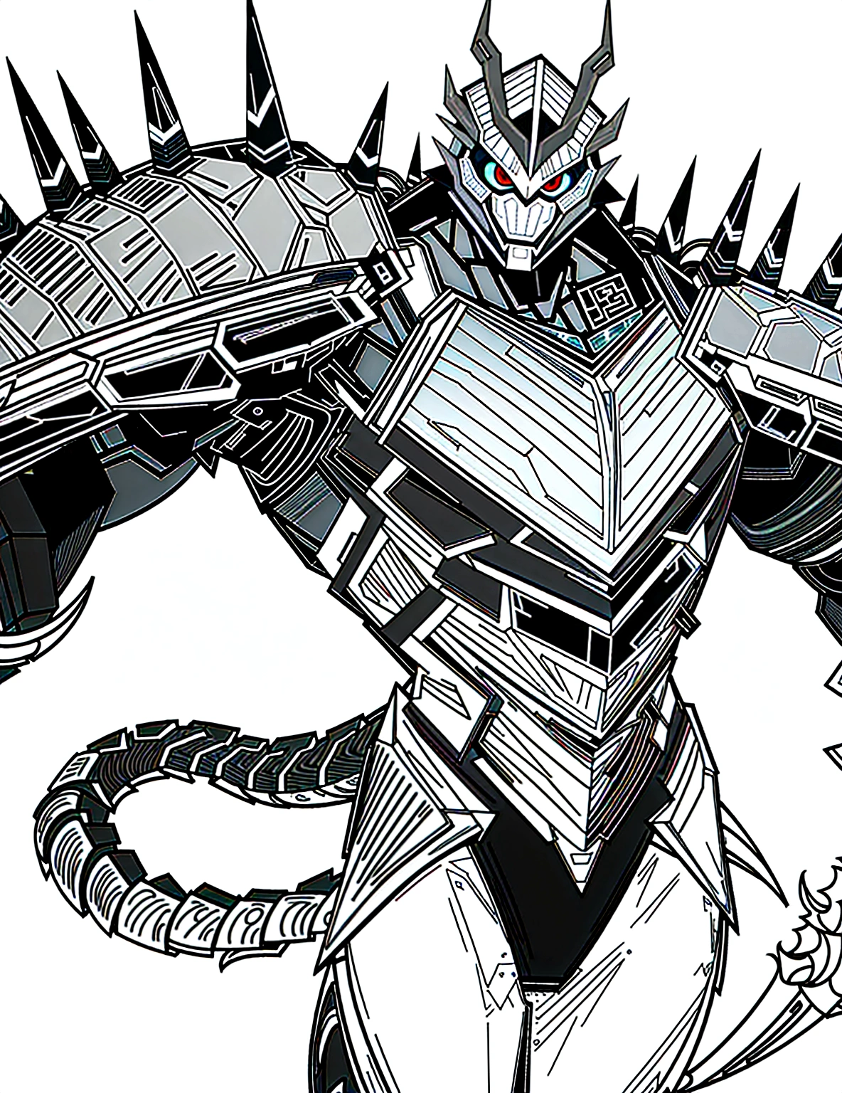 a drawing of a man with a large horned head and a sword, dragon cyborg, cyborg dragon portrait, sharp robot dragon claws, with scaly-looking armor, male robotic anthro dragon, well armored mech dragon, with robot dragon head, robot mecha female dragon head, robot dragon claws, greek god in mecha style, mecha inspired, dragon inspired armor, clean line art, refined, refined details, extremely detailed