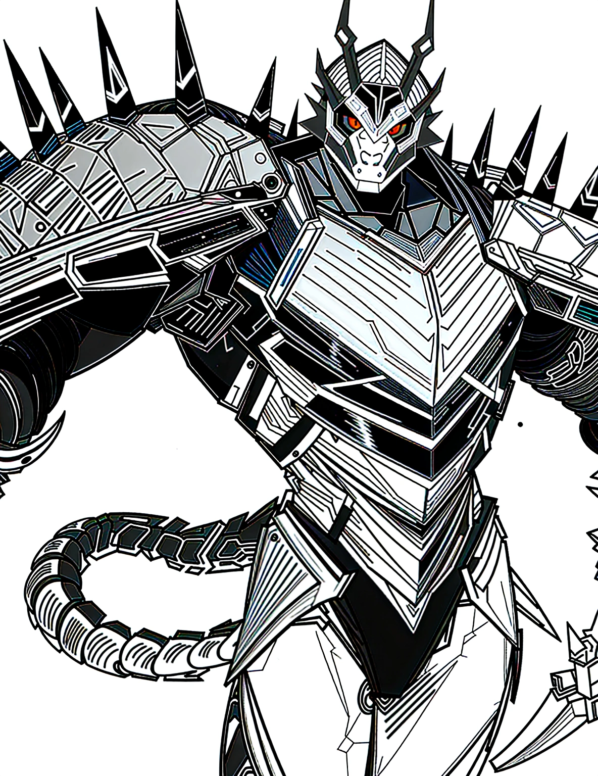 a drawing of a man with a large horned head and a sword, dragon cyborg, cyborg dragon portrait, sharp robot dragon claws, with scaly-looking armor, male robotic anthro dragon, well armored mech dragon, with robot dragon head, robot mecha female dragon head, robot dragon claws, greek god in mecha style, mecha inspired, dragon inspired armor, clean line art, refined, refined details, extremely detailed 