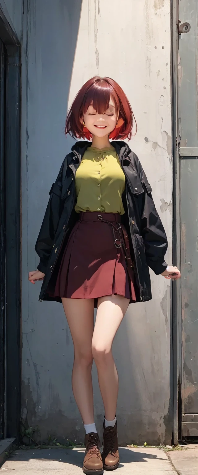 girl, burgundy short hair, ,closed eyes,slender body,small breasts,black hooded jacket,yellow green blouse,burgundy skirt,standing,facing viewer,contrapposto,full body, laughing