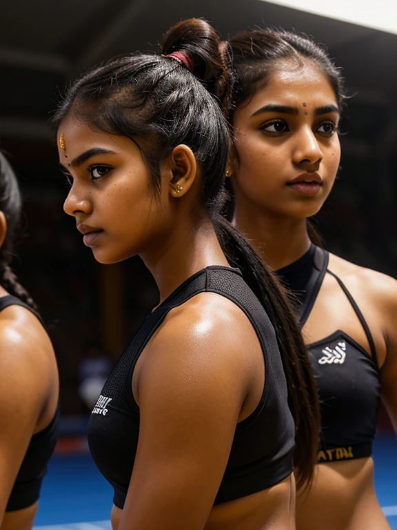 3 Tamil girls, 20 year old, ((intricate detailing of faces, eyes symmetry, face symmetry)), inside athletic open arena, (ponytail hair), sports wear, round deep navel, HDR, hyper realistic, intricate detailing