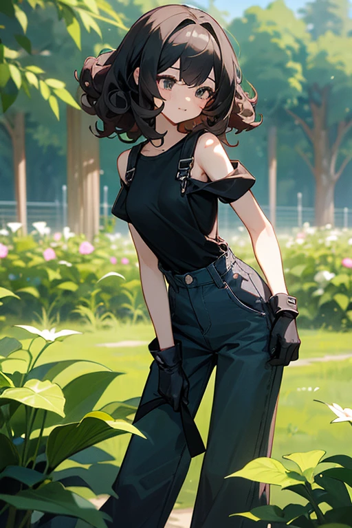 Slender beautiful girl、10th Generation、athlete、sleeveless Black T-shirt、Overalls、Off the shoulder、Gloves in hand、Curly Hair、Garden、Short stature、白いノースリーブのジップアップパーカー、ネックレス