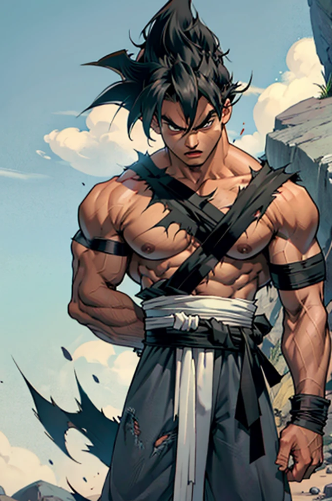 son goku, 1boy, closed mouth, male focus, muscular, muscular male, rock, sash, serious, solo, spiked hair, topless male, torn clothes, ultra instinct, black eyes, black hair, ((masterpiece)) 