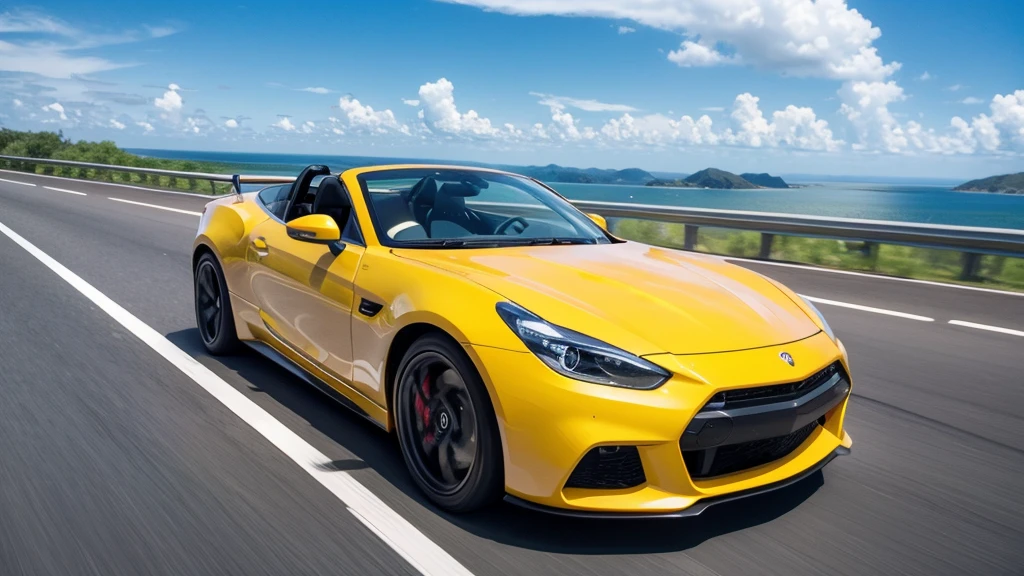 Generate an illustration of a sports car driving on a highway. The car should be either red or yellow with the front facing forward, viewed from the right side with a slightly top-down angle showing a bit of the car roof. The weather is clear with blue sky and white clouds. The style should be natural, minimalistic, sci-fi, bright, and with natural colors.
