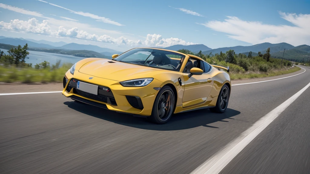 Generate an illustration of a sports car driving on a highway. The car should be either red or yellow with the front facing forward, viewed from the right side with a slightly top-down angle showing a bit of the car roof. The weather is clear with blue sky and white clouds. The style should be natural, minimalistic, sci-fi, bright, and with natural colors.