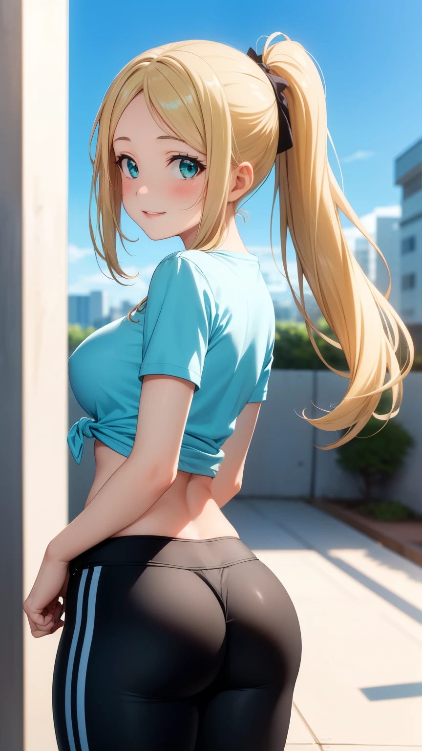 masterpiece, best quality, highly detailed, ultra high res, ayase arisa, 1girl, solo, hair ornament, long blonde hair, glossy lips, medium breasts, aqua eyes, ponytail, yoga pants, tied shirt, shirt in a knot, midriff, light smile, looking back at viewer