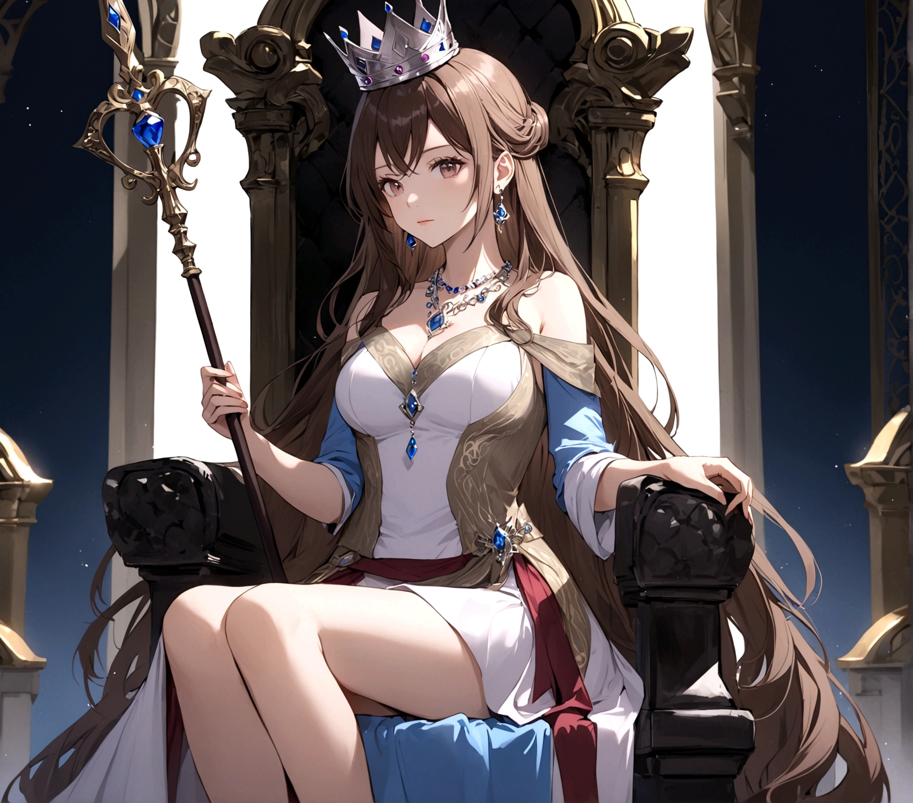 1girl, solo, long hair, breasts, brown hair,dress, holding, jewelry, medium breasts, sitting, necklace, polearm, staff, holding staff, crown, throne
