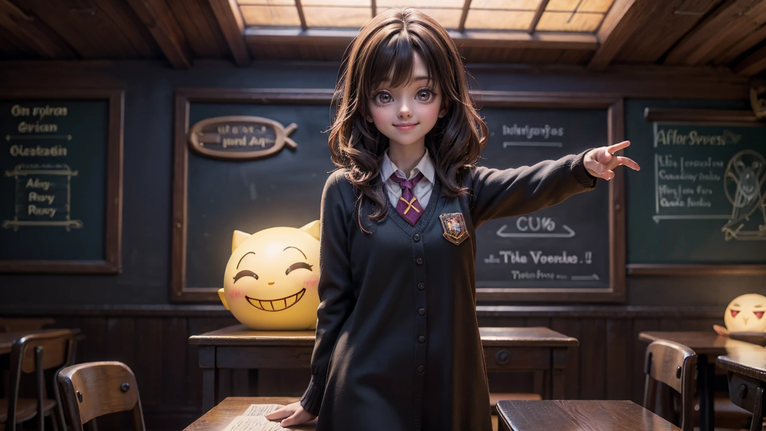 cute smiley bright face girl side psoe pose in harry potter classroom, harry potter classroom view