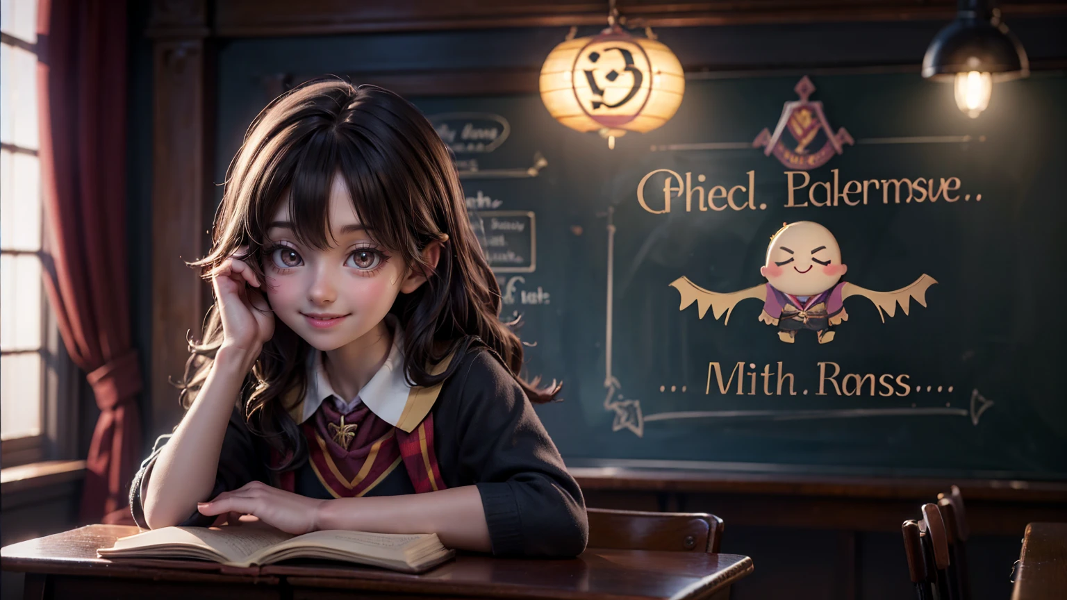 cute smiley bright face girl in harry potter classroom, harry potter classroom view