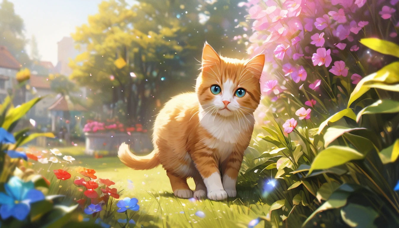garden, Cute kitten,Blur the background,Glitter effect,Highest quality, 8K, High resolution, masterpiece:1.2, Very detailed, Realistic:1.37, High resolution, 超High resolution, Ultra-fine painting, Very detailed, Professional, Vibrant colors