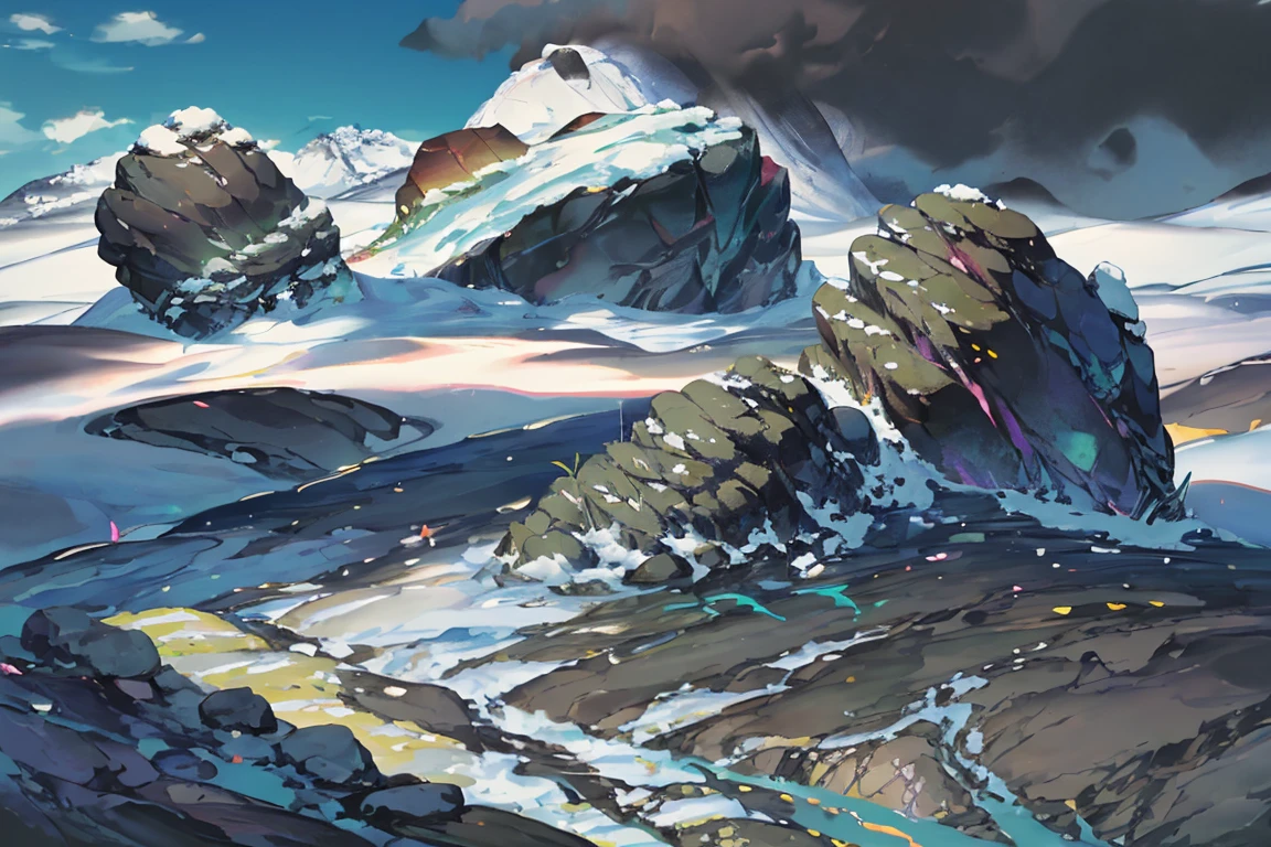 summer, rocky area, rock formation, (illustration : 1.0), Narrative composition, realistic lighting, HD detail, masterpiece, best quality best, (Highly detailed CG integrated 8k wallpaper), wide and flat rocky area, A small, sharp, rough rock at the top of the screen.