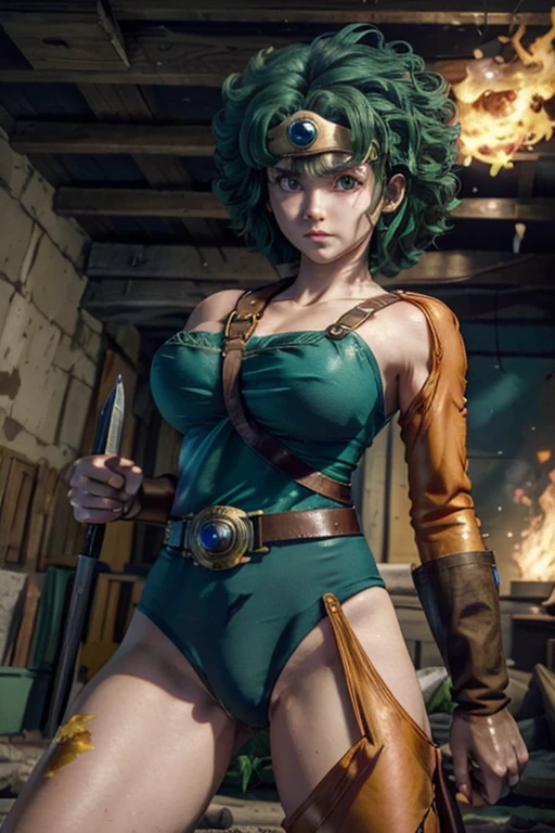 anime artwork  anime artwork masterpiece,best quality, unreal engine, ultra res, extremely detailed
ROUND BREASTS, medium BREASTS
1girl,  waist, slender,(muscular:0.9)
 HEROINE, 
CIRCLET, CURLY HAIR, GREEN HAIR, SHORT HAIR, ASYMMETRICAL CLOTHES, LEOTARD, BELT, SINGLE GLOVE, SINGLE SLEEVE, SINGLE THIGHHIGH
cave, holding sword, . anime style, key visual, vibrant, studio anime,  highly detailed.be enveloped in flames.fall on one's knees.Leotard is worn out.She can barely stand and supports herself with a sword.be on the verge of death.There are scratches all over my body.