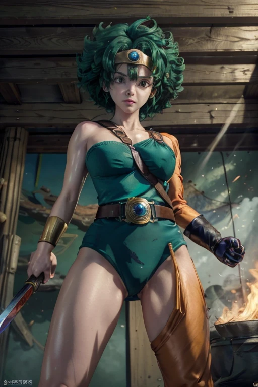 anime artwork anime artwork masterpiece,best quality, unreal engine, ultra res, extremely detailed
ROUND BREASTS, medium BREASTS
1girl, waist, slender,(muscular:0.9)
HEROINE,
CIRCLET, CURLY HAIR, GREEN HAIR, SHORT HAIR, ASYMMETRICAL CLOTHES, LEOTARD, BELT, SINGLE GLOVE, SINGLE SLEEVE, SINGLE THIGHHIGH
cave, holding sword, . anime style, key visual, vibrant, studio anime, highly detailed.be enveloped in flames.fall on one's knees.Leotard is worn out.She can barely stand and supports herself with a sword.be on the verge of death.There are scratches all over my body.