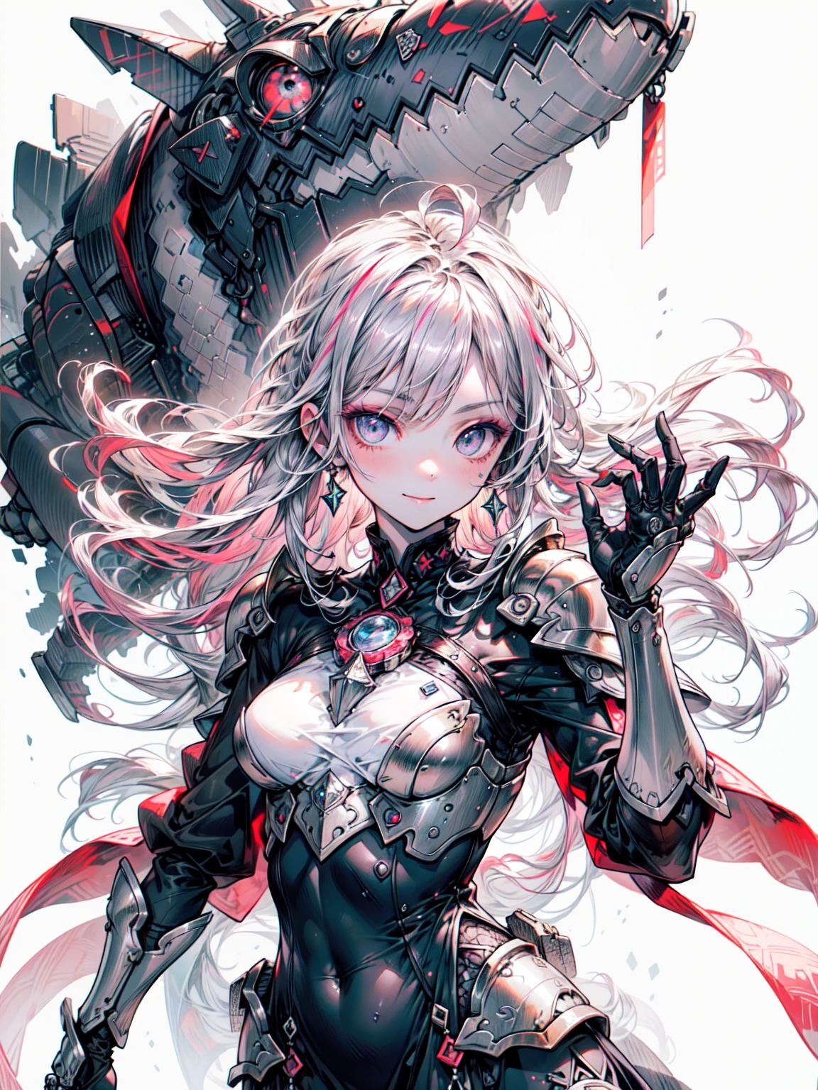 Realistic, Hyper Detail, Girls only, Layered Bob, Dynamic Lighting, ((Bold and imaginative poses)), (Shiny skin: 1.5), Tabletop, Highest quality, Absurd, audience, Cowboy Shot、(Blonde and pink hair), Beautiful deep purple clear eyes, fine grain, Jewel-like eyes, Colorful eyes, Sparkling eyes:1.3)), thin, High resolution, Sharp focus, Written boundary depth, Details, Sharp eyes, (Realistic eyes)), Outdoor, Sunrise Sky, (attractive, Delicately designed river trim lace dress, (He was clad in silver armor with intricate patterns.): 1.3))、Blake、(Dark Elf), (1 Girl), alone, Perfect Face, Get used to it, Ahoge, ((Long Hair:1.2)), (Hair above one eye:1.3), [[Messy Hair]], Shiny blonde white hair, Purple eyes, Variegated eyes, Colorful Hair, Shining Eyes, (eyelash, eye shadow, pink eye shadow), bright, smile, Design Art：haruhiko mikimoto, by Kawashi, By Yoshitaka Amano, Dark Skin