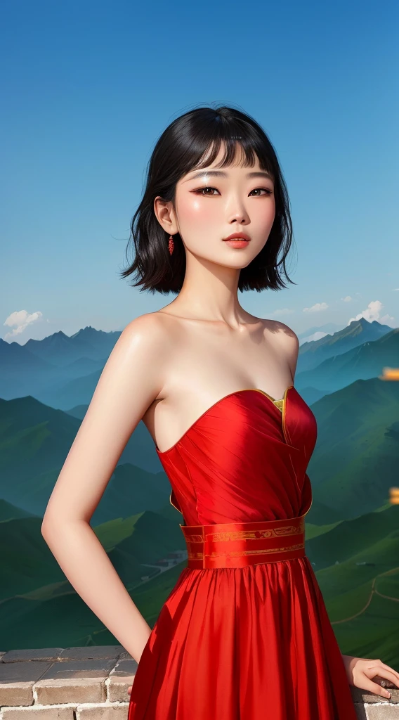 Arav woman in red dress standing on the wall,Mountains in the background, Chinese woman, Chinese Girl, Wearing red cheongsam, Beautiful Chinese model, Girl in a red skirt, Inspired by Ma Yuanyu, Xue Han, sha xi, lu ji, xintong chen, Cover photo: Portrait of Du Juan, wenfei ye, Chinese dress