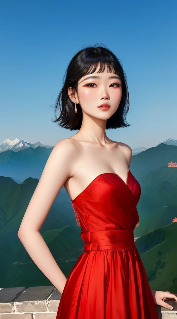 Arav woman in red dress standing on the wall,Mountains in the background, Chinese woman, Chinese Girl, Wearing red cheongsam, Beautiful Chinese model, Girl in a red skirt, Inspired by Ma Yuanyu, Xue Han, sha xi, lu ji, xintong chen, Cover photo: Portrait of Du Juan, wenfei ye, Chinese dress