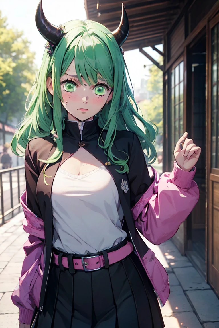 beautiful, (Highest quality, masterpiece, Very detailed: 1.5), Perfect lighting, Shiny, employment, nature, Cobblestones, vapor, blue sky, In the distance, whole body, Face Focus, One girl, mitsuri (Demon slayer), beautiful girl, beautiful face ((mitsuri (Demon slayer))), a girl with long green-pink Gradient Hair and Green Eyes in a long-sleeved jacket with a neckline, white haori, a Black Skirt with a Silver Belt and green striped hips, Pink Hair, Green Hair, Gradient Hair, Multicolored Hair, Long Hair, bangs, Double Knit, Green Eyes, Demon slayer uniform, Long sleeve jacket, white haori, Black Skirt, Silver Belt, Green striped thighs, blush, Sweat, Realistic, chest, Wide Hips, (Thick barbell: 0.9), Low Cut, Are standing, fold your hands behind your back, Viewer&#39;s gaze, Erotica