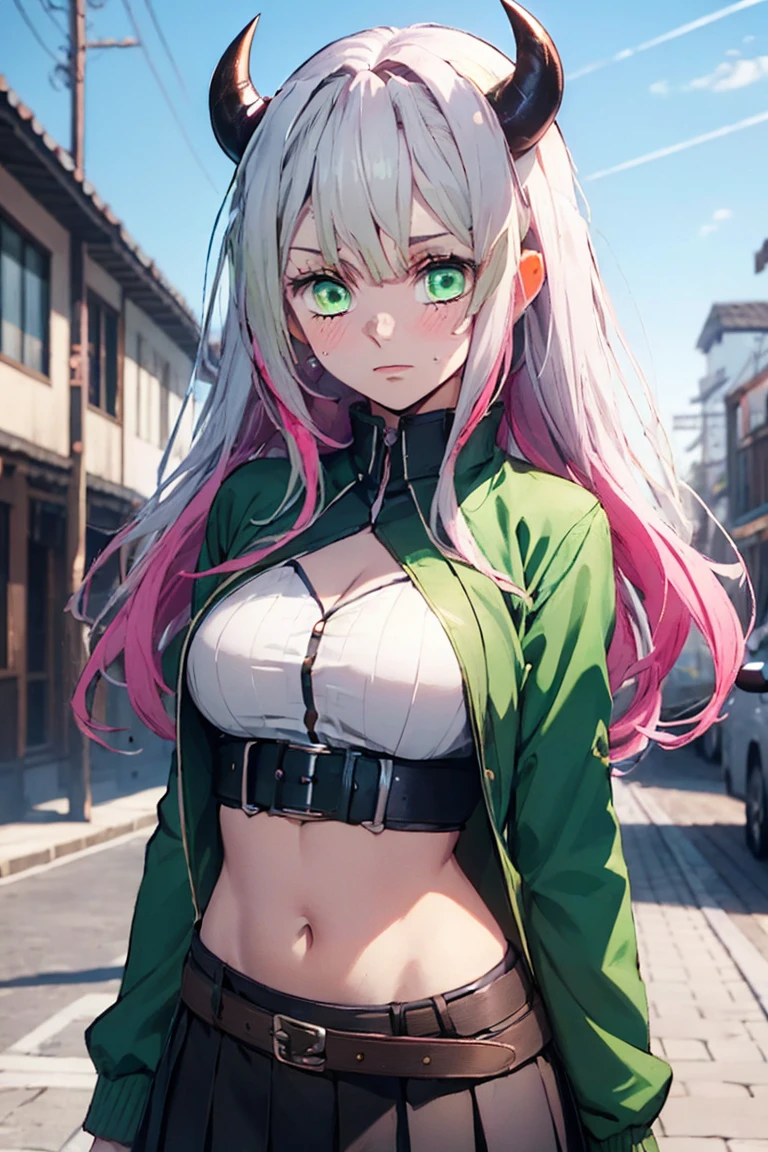 beautiful, (Highest quality, masterpiece, Very detailed: 1.5), Perfect lighting, Shiny, employment, nature, Cobblestones, vapor, blue sky, In the distance, whole body, Face Focus, One girl, mitsuri (Demon slayer), beautiful girl, beautiful face ((mitsuri (Demon slayer))), a girl with long green-pink Gradient Hair and Green Eyes in a long-sleeved jacket with a neckline, white haori, a Black Skirt with a Silver Belt and green striped hips, Pink Hair, Green Hair, Gradient Hair, Multicolored Hair, Long Hair, bangs, Double Knit, Green Eyes, Demon slayer uniform, Long sleeve jacket, white haori, Black Skirt, Silver Belt, Green striped thighs, blush, Sweat, Realistic, chest, Wide Hips, (Thick barbell: 0.9), Low Cut, Are standing, fold your hands behind your back, Viewer&#39;s gaze, Erotica