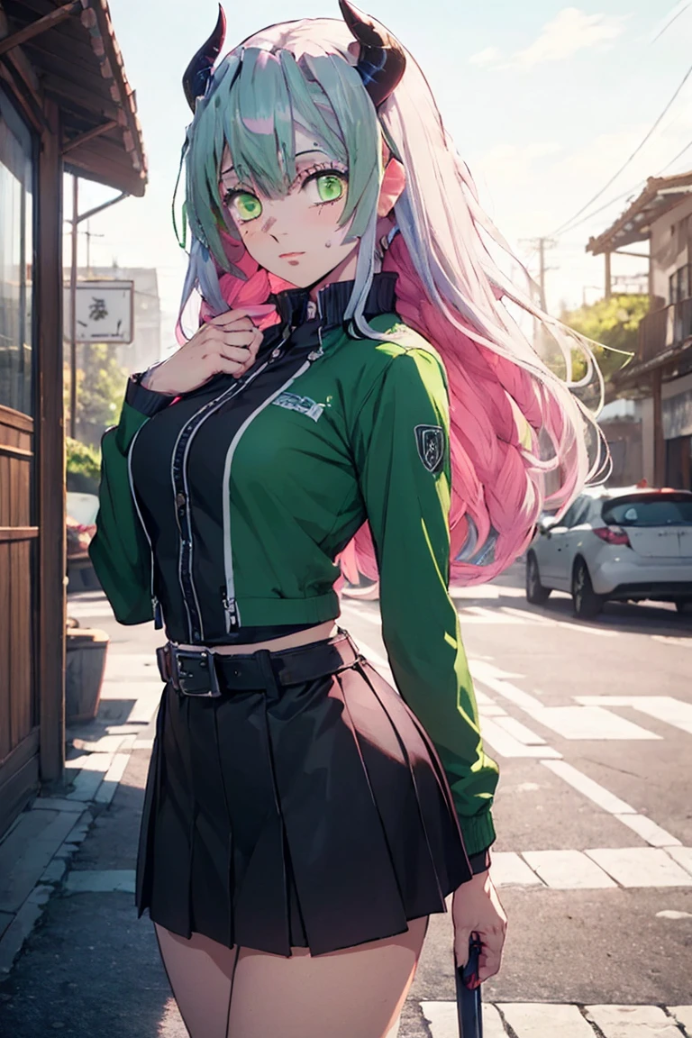 beautiful, (Highest quality, masterpiece, Very detailed: 1.5), Perfect lighting, Shiny, employment, nature, Cobblestones, vapor, blue sky, In the distance, whole body, Face Focus, One girl, mitsuri (Demon slayer), beautiful girl, beautiful face ((mitsuri (Demon slayer))), a girl with long green-pink Gradient Hair and Green Eyes in a long-sleeved jacket with a neckline, white haori, a Black Skirt with a Silver Belt and green striped hips, Pink Hair, Green Hair, Gradient Hair, Multicolored Hair, Long Hair, bangs, Double Knit, Green Eyes, Demon slayer uniform, Long sleeve jacket, white haori, Black Skirt, Silver Belt, Green striped thighs, blush, Sweat, Realistic, chest, Wide Hips, (Thick barbell: 0.9), Low Cut, Are standing, fold your hands behind your back, Viewer&#39;s gaze, Erotica