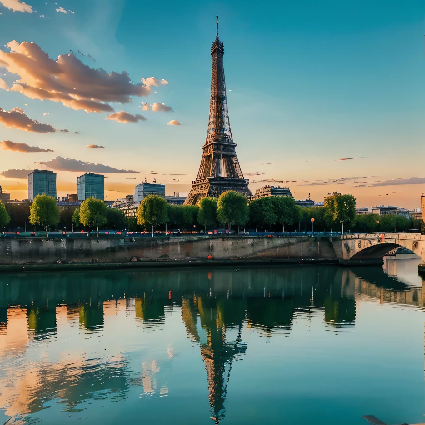 Mountains with sky with clouds in the background, a crystal-clear lake with trees, vibrant teal orange hue background, clear reflection in the river, Grande Mosquée de Paris, the warm hues of sunset paint the sky in vibrant teal and orange, casting a glow over the Eiffel Tower and the city. Boat like Bateaux Mouches sail on the river, adding to the vibrant atmosphere.