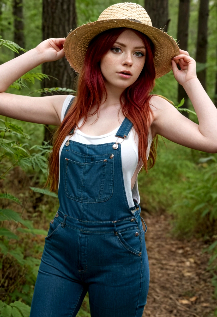 girl with red hair and white skin, and green eyes, wearing denim overalls and a straw hat in a forest during fall