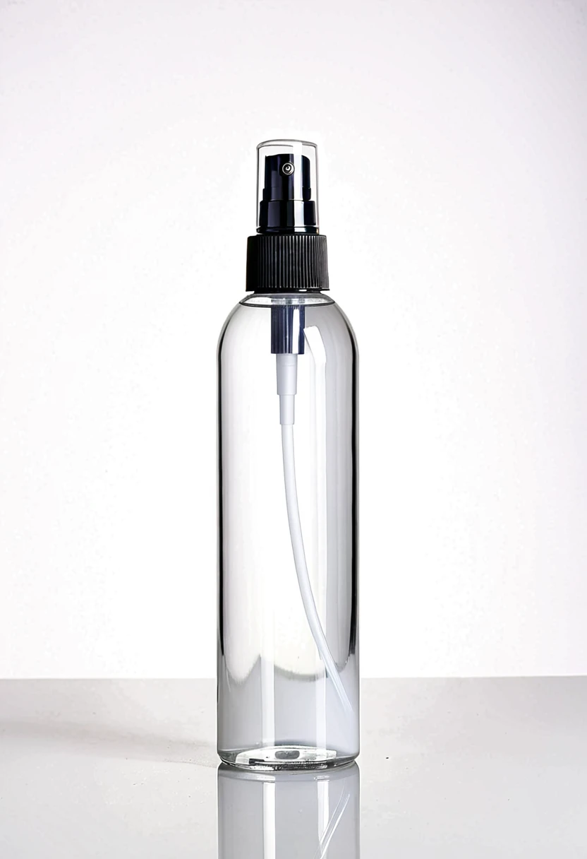 Mist spray bottle, black cap, opaque container, magazine, cosmetic, studio photo, real, white background