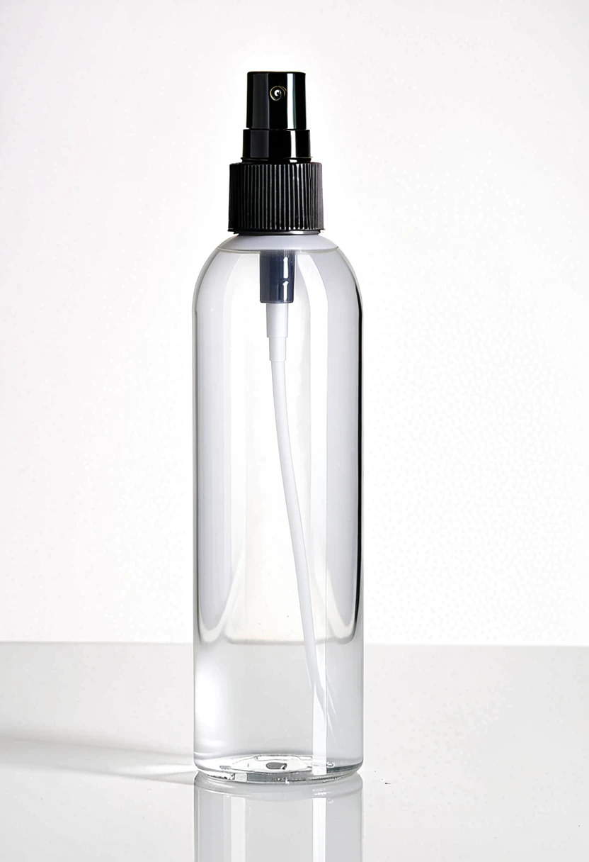 Mist spray bottle, black cap, opaque container, magazine, cosmetic, studio photo, real, white background