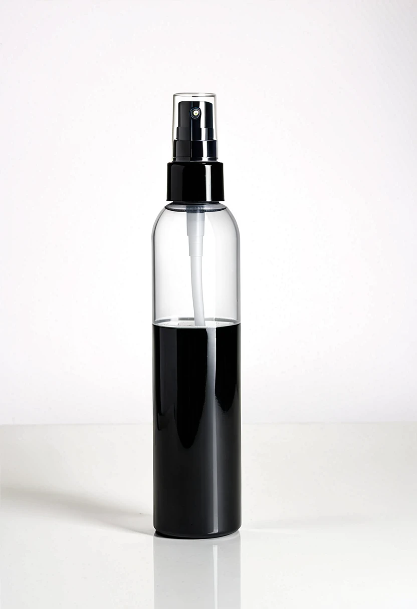 Mist spray bottle, black cap, opaque container, magazine, cosmetic, studio photo, real, white background