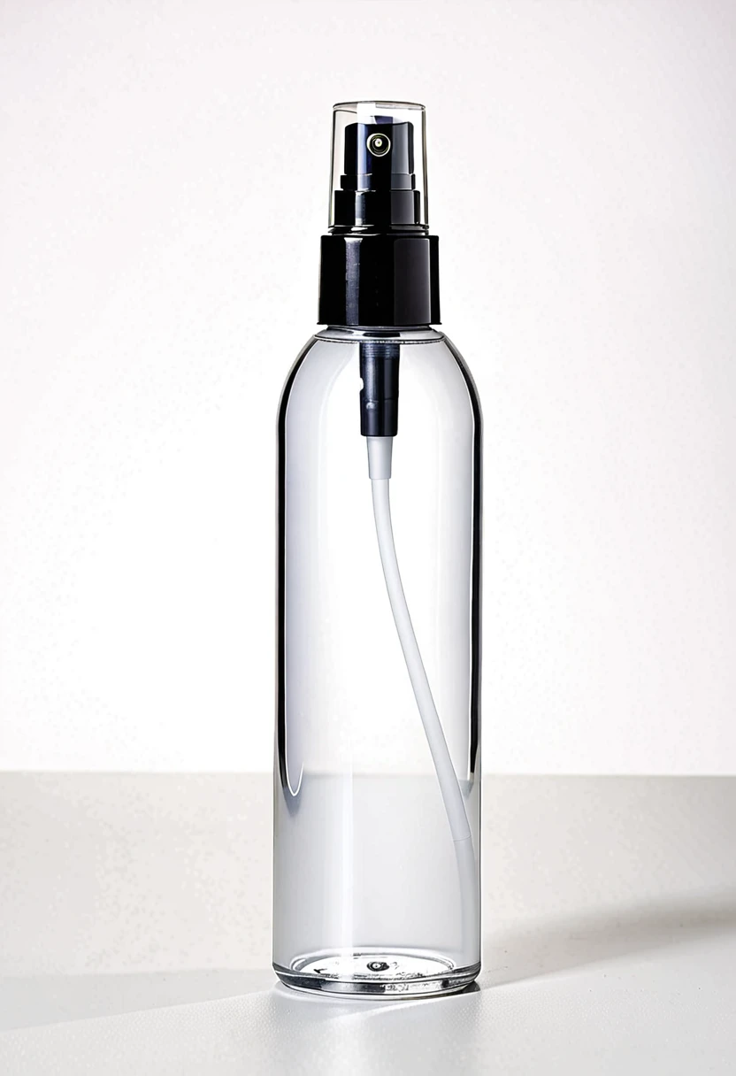Mist spray bottle, black cap, opaque container, magazine, cosmetic, studio photo, real, white background