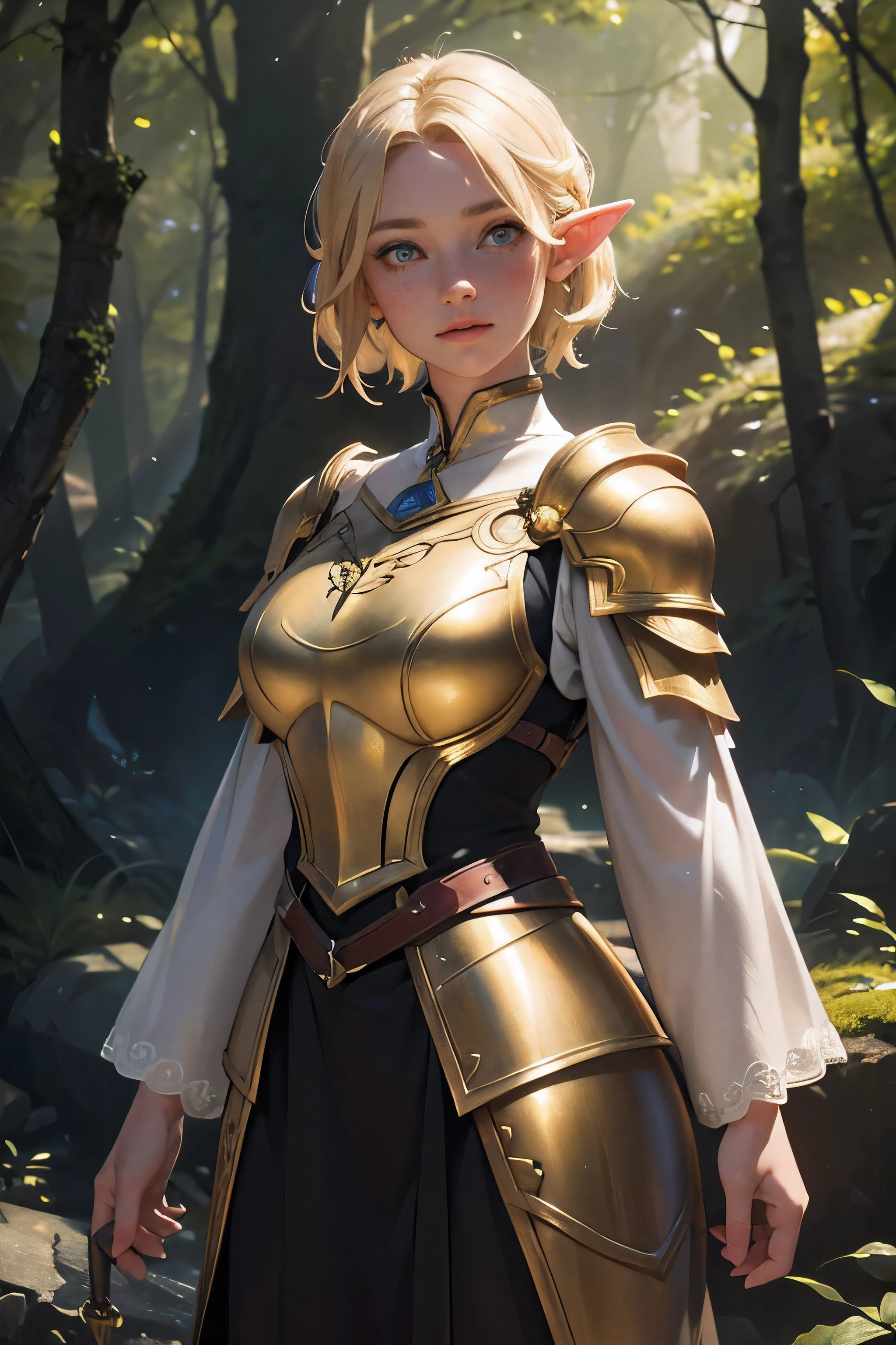 A beautiful elf girl with short blonde hair and freckles, wearing golden medieval light armor, standing in a magical forest at night, (best quality,4k,8k,highres,masterpiece:1.2),ultra-detailed,(realistic,photorealistic,photo-realistic:1.37),detailed eyes,detailed lips,extremely detailed face,longeyelashes,portrait,fantasy,concept art,dramatic lighting,glowing eyes,warm colors,intricate details