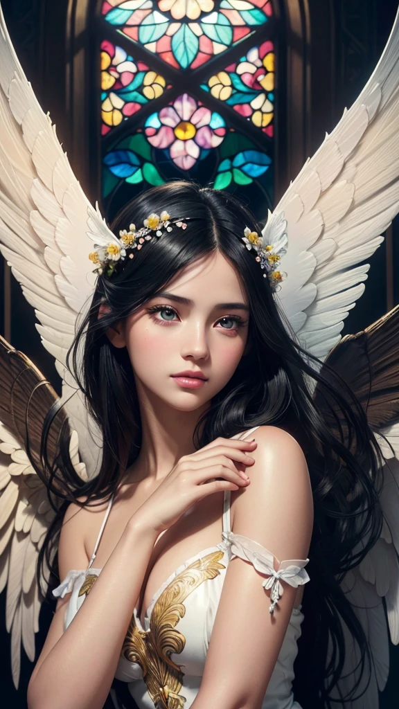 beautiful detailed eyes, beautiful detailed lips, extremely detailed eyes and face, long eyelashes, 1 girl, black hair, gradient hair, frontal face, wallpaper, determined expression, (large open angel wings:1.1), Alphonse Mucha style, complex floral background, vivid colors, warm tones, soft lighting, (best quality,4k,8k,highres,masterpiece:1.2),ultra-detailed,(realistic,photorealistic,photo-realistic:1.37),vector art,stained glass,beautiful vintage angel woman