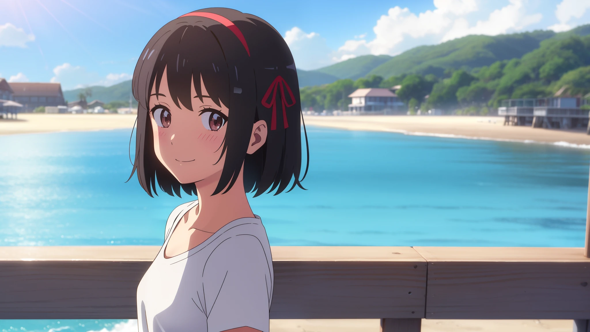 shinkai makoto, kimi no na wa., 1girl, bangs, black hair, blush, brown eyes, casual clothes, white t-shirt, black pleated skirt, red headband, red ribbon, short hair, smile, cute, solo, looking at viewer, outdoors, summer, beach, cloudy, sunlight, upper body portrait