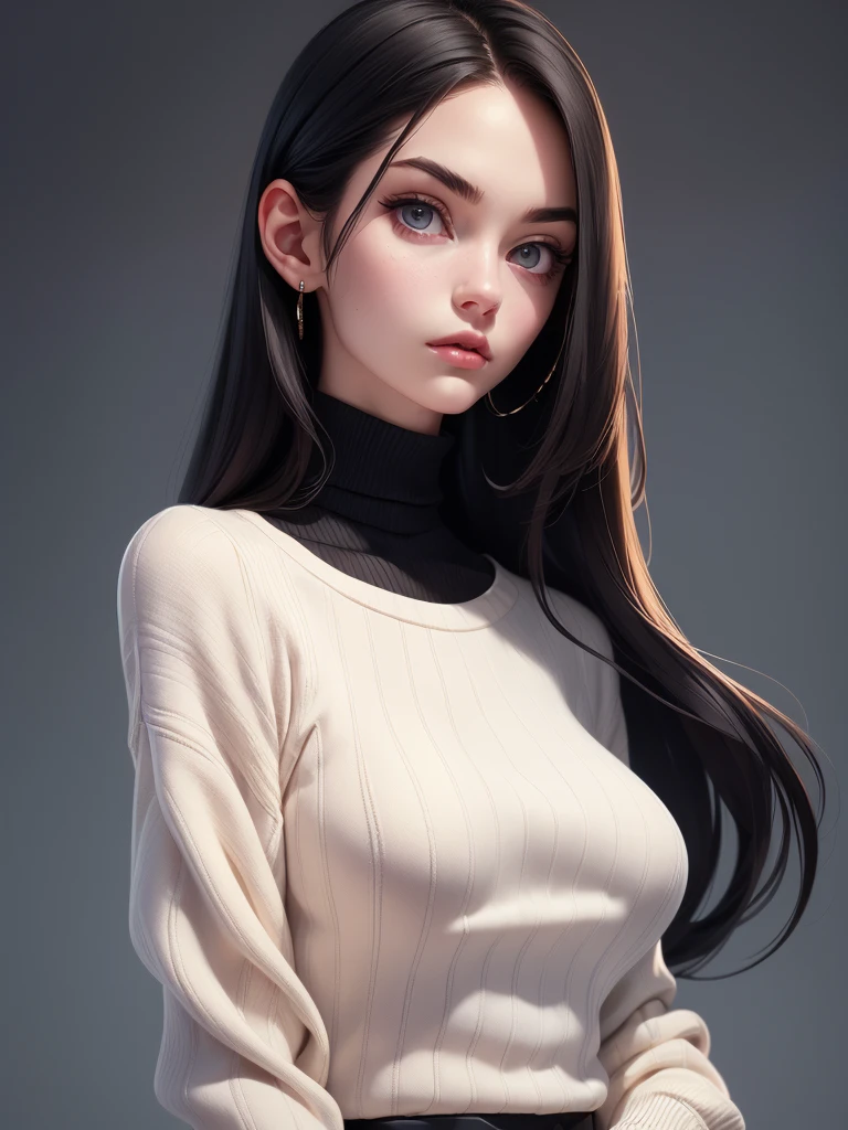 (best quality), 1girl, female, pale skin, (black hair), long hair, straight hair, grey eyes, perfect eyes, slender, tall, turtleneck sweater, stylish, elegant, serious, normal bust, masterpiece, anatomically correct, highres
