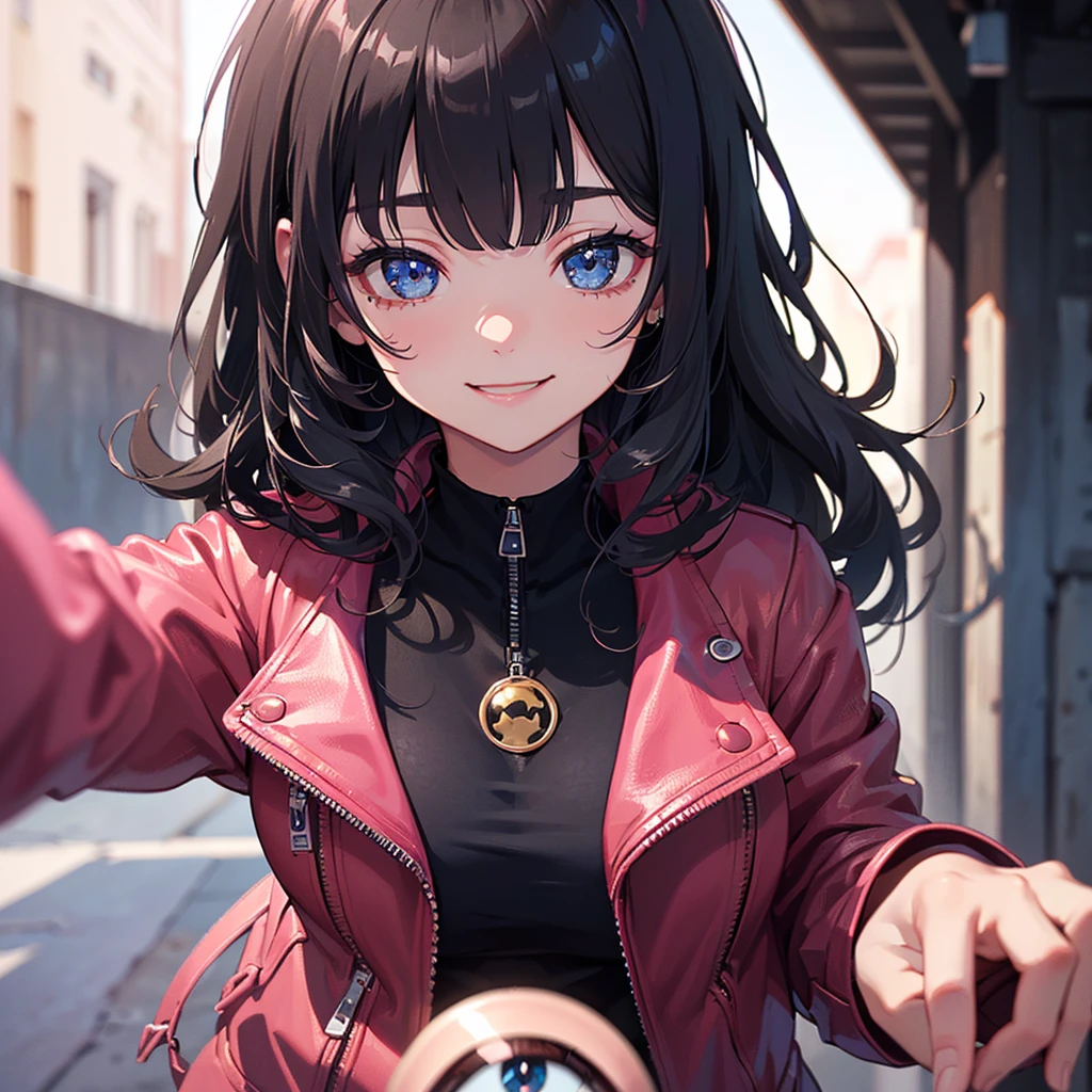 (1 female、Japanese、20-year-old、fresh、clear、seems kind、stylish、attractive narrow eyes、Pathetic、Cute like an angel、cute、black eye、idol,actress）,(big breasts：1.4).(very cute)、(black hair),enchanting eyes、(,(eye highlights:1.4),),(in 8K、Live shooting、highest quality、masterpiece:1.2、optimal lighting,Shooting with a SLR)、(long hair、dull bangs),masterpiece,(Photo taken by a professional photographer),(genuine、Photo Genuine:1.37),BREAK,(pink leather jacket), (portrait),(Smile),dynamic angle