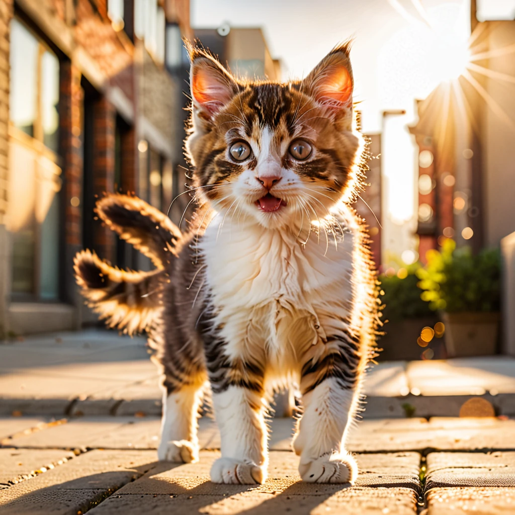 Kitten, mid-pounce, fluffy fur catching sunlight, eyes wide with curiosity, juxtaposed against a sprawling urban backdrop, soft shadows, warm tones, high resolution photography, shallow depth of field, bokeh effect, golden hour lighting.