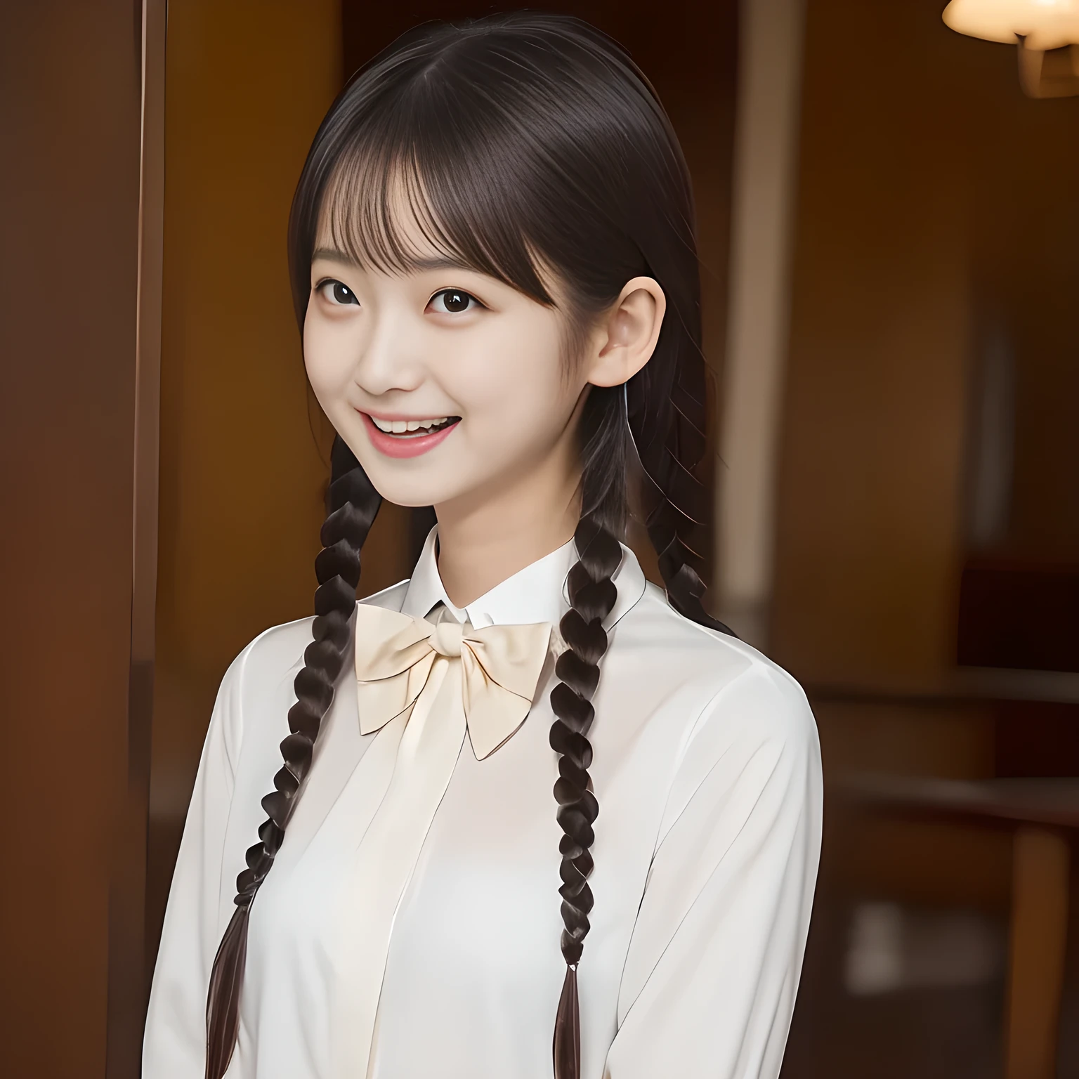 (highest quality, masterpiece:1.2), highest quality, High resolution, 1080P, 8K, Height: 158cm, ((A very intelligent, very noble, pretty and neat Japanese beautiful girl fashion model. Looking at the audience. Realistic fashion model)), ((((White face with plump cheeks)))), Glossy lips, (Evenly cut bangs), ((Very beautiful dark eyes)), The very large, shiny, wide red ribbon bow-tie on her chest is very cute., ((Black Hair)), ((long twin braids)), (((Cream colored blouse))), A neat uniform, Very lustrous, glossy lips, Open hand over open mouth, slender, Beautiful hair like a hair model, Cream colored long skirt, Watching the viewer and laughing, ((Incredibly well organized, The expression is rich. plump and beautiful skin and face)), ((Pure and clear eyes)), Long eyelashes, ((laughing at me!))