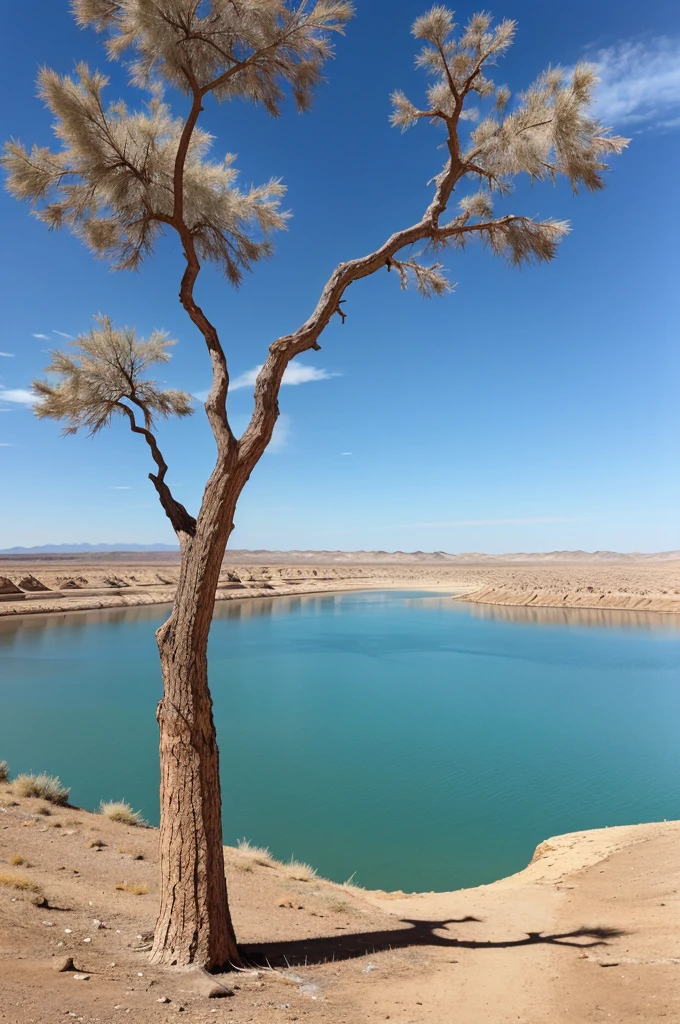 This image shows a vast, dry, and arid landscape under a clear blue sky. A tree branch is visible in the foreground, and in the background, a body of water can be seen.