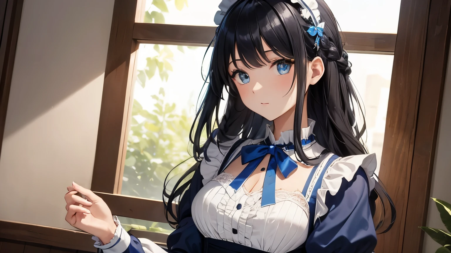 A beautiful girl wearing a blue maid outfit with lots of frills and lace　Long sleeve　Black hair braid with hair ornament　Upper Body