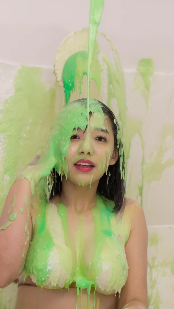 (surreal), (illustration), (high resolution), (8K), (very detailed), (best illustration), (smart short black hair), (beautiful and detailed black eyes), (best quality), (super detailed), (masterpiece), (wallpaper), (detailed face), solo, (dynamic pose), 1 female, (Japanese girl), open legs, transparent sludge, on a busy street, green sludge, glowing skin, Firm elastic medium breasts, Round plump elastic buttocks, sheer, moaning, enjoyment, looking at the audience, (no bra), show off, green sludge on hair and skin, Shocked Asian woman covered in green sludge, green sludge dripping, greenish liquid, green slime, green sludge everywhere, character is covered in liquid, sludge, dripping goo, oozing wet and slimy, beautiful green liquid, expressing humiliation, Asian woman covered in green paint standing on a busy street, covered in slime!!, green slime pouring down from above, falling green oatmeal splash, green colored skin!!, green slime everywhere, wet and slimy, dripping goo, green colored skin, slimy and hot, green slime, thick oatmeal, splashing goo, oozing slime, beautiful green liquid
