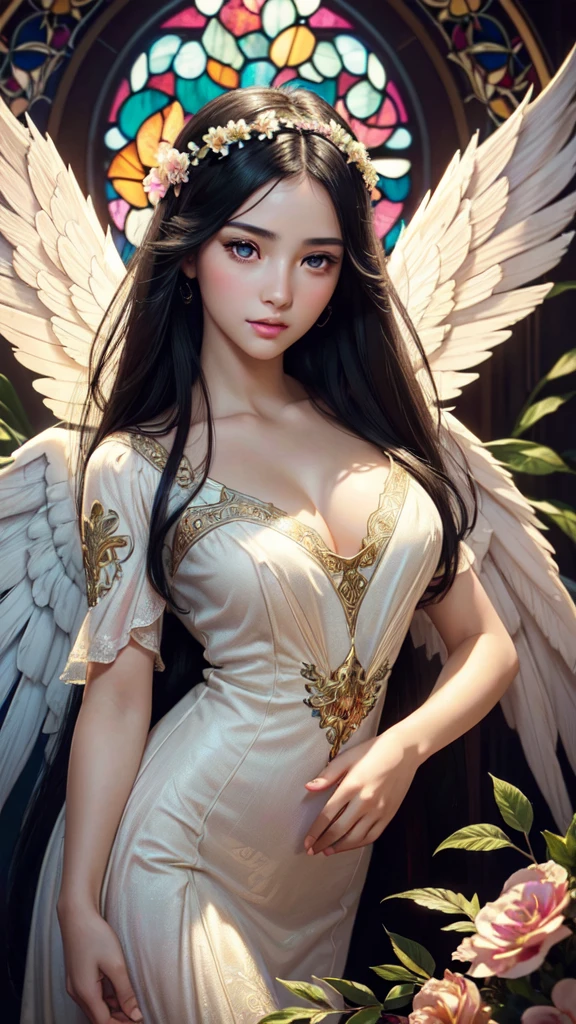 beautiful detailed eyes, beautiful detailed lips, extremely detailed eyes and face, long eyelashes, 1 girl, black hair, gradient hair, frontal face, wallpaper, determined expression, (large open angel wings:1.1), Alphonse Mucha style, complex floral background, vivid colors, warm tones, soft lighting, (best quality,4k,8k,highres,masterpiece:1.2),ultra-detailed,(realistic,photorealistic,photo-realistic:1.37),vector art,stained glass,beautiful vintage angel woman