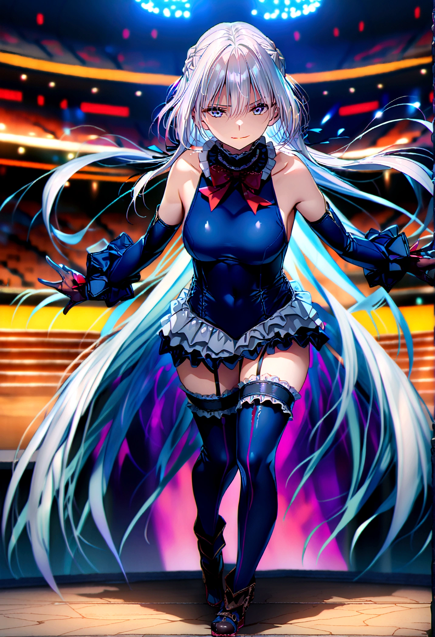 12k, ultra hi resolution picture, 1girl, full body,dark aura,evil smile, masterpiece, best quality, very aesthetic, absurdres, anime artwork, anime style, key visual, vibrant, Studio Anime, highly detailed,1girl,(Silver Hair:1.4),Very long hair,(Arena:1.4), frilled choker, red bowtie, blue one-piece swimsuit, frilled swimsuit, blue sleeves, detached sleeves, gloves, blue thighhighs, frilled thighhighs