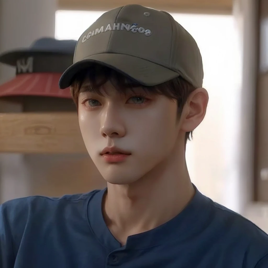 a closeup of a person wearing a hat and blue shirt, kim doyoung, jungkook, Wearing a baseball cap, wearing baseball cap, kim taejin, inspired by Kun Can, jinyoung shin, Jimin\'s grecian nose, Wearing a baseball cap al revés, hyung tae, cai xukun, Wearing a baseball cap, he is wearing a hat