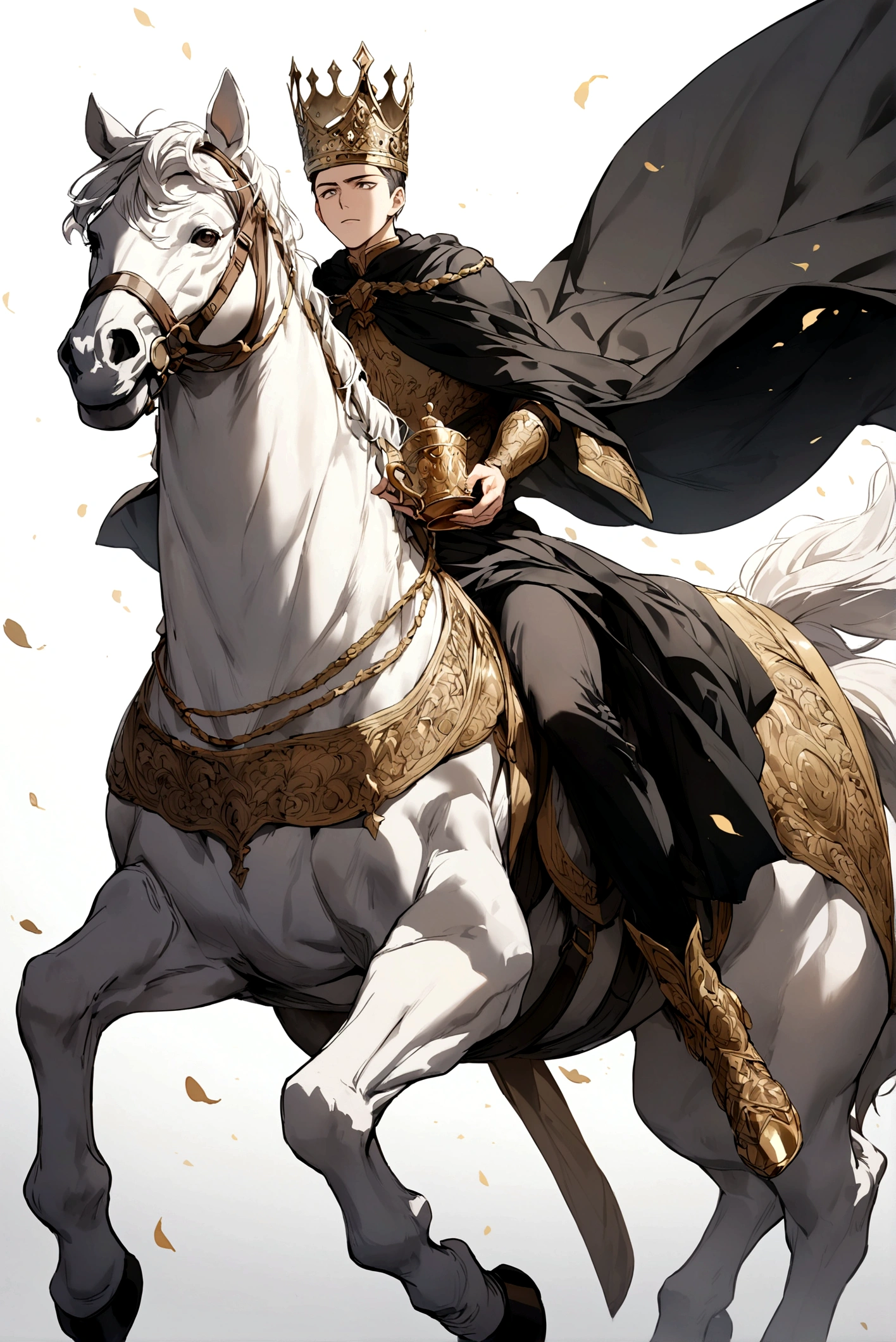 A young man wore an old black cloak that covered his entire body and rode on a pure white steed.
A crown floated above his head and he held high a golden cup.