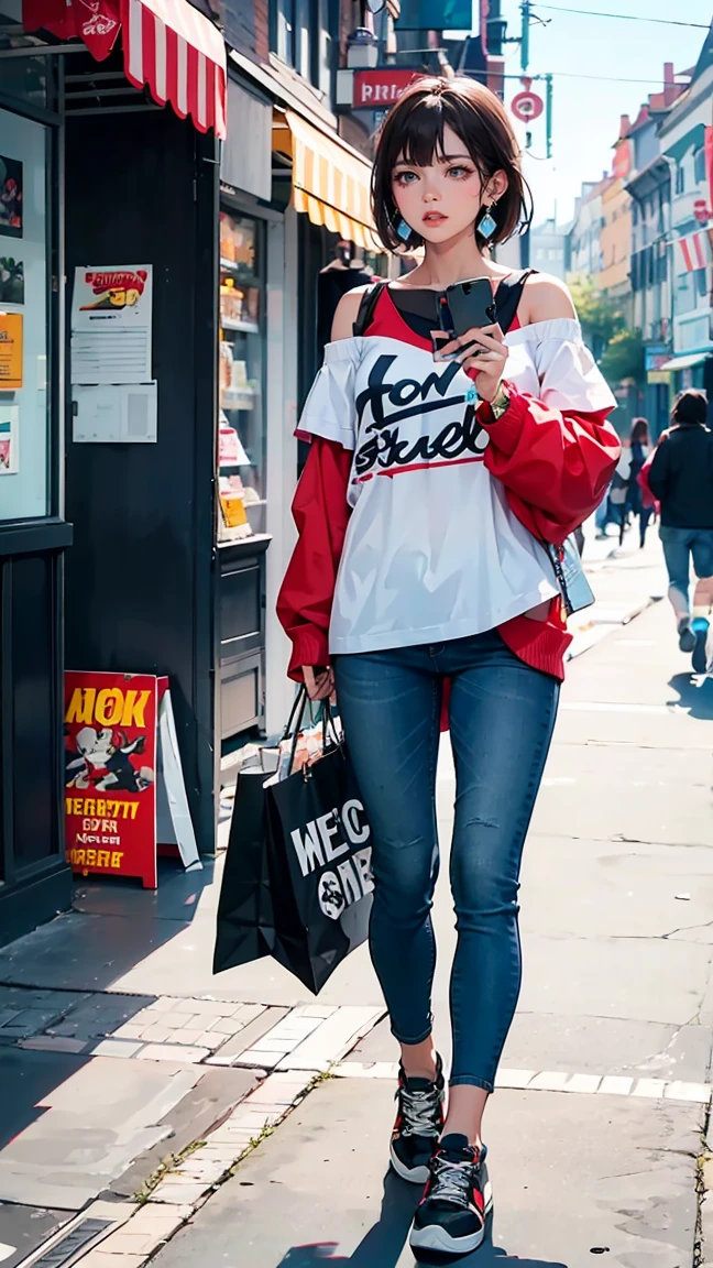 1 Female,profile,Whimpering,Watch your smartphone,Broken Heart, Long sleeve off-shoulder shirt, jeans, sneakers, Brown hair and bangs, Earrings, Choosing clothes,shopping,In town、