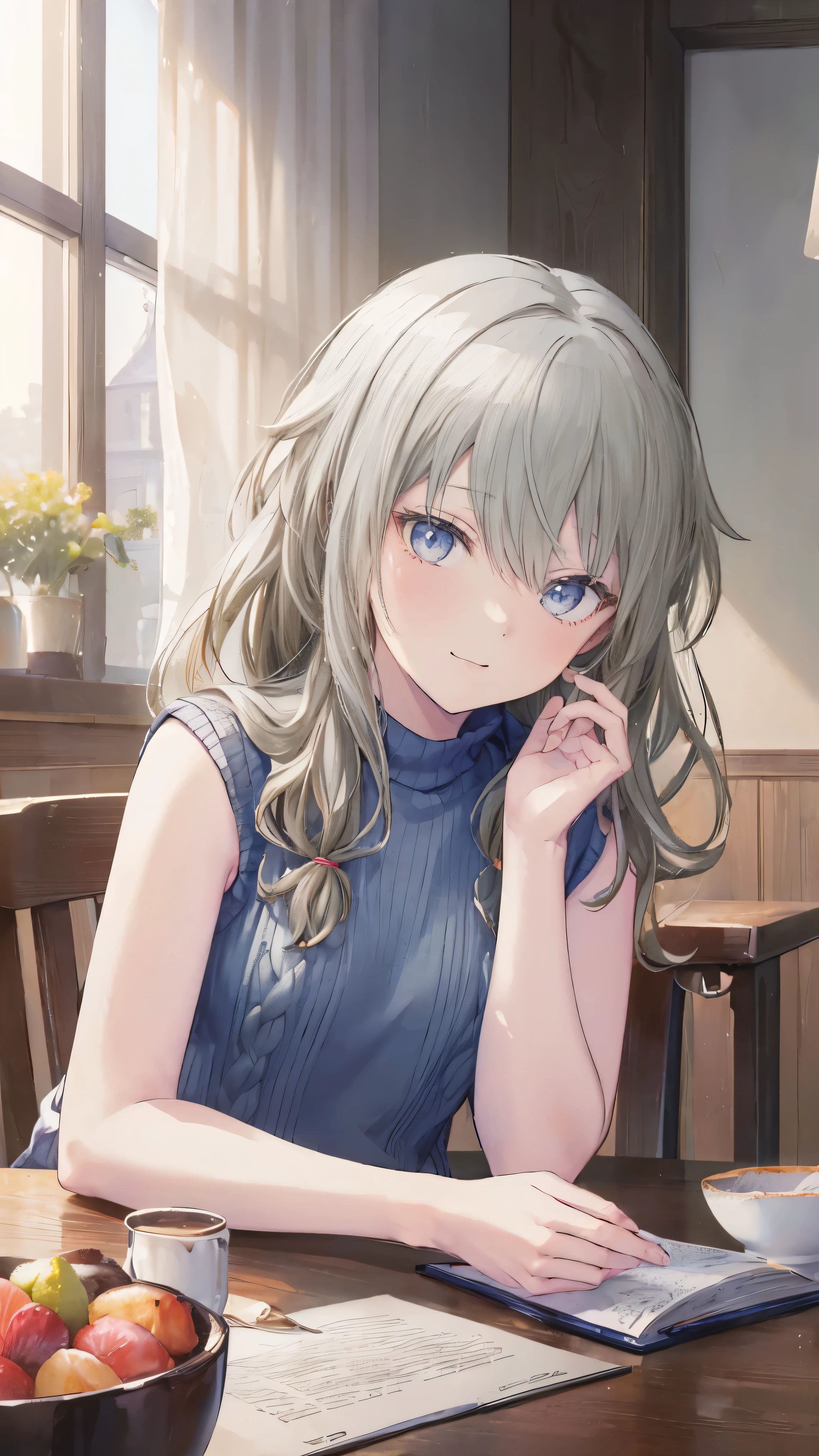 (masterpiece, Highest quality:1.6),Best image quality、Highest quality、Perfect lighting,masterpiece、Best image quality、Highest quality、smile、Show your hand, Put your elbows on the table, Slap in the face、Chest close-up, Sleeveless, Knitted sweater