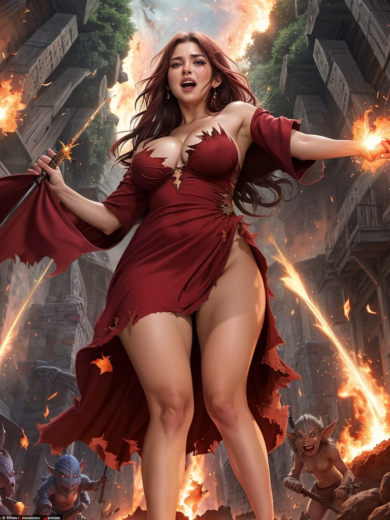 1 mature female,25yo,cleavage,(female wizard surrounded and attacked by multiple goblins during a battle),(Heinous estrus goblin),(red blush,crying),((torn gorgeous wizard dress:1.2)),(attacking magic,fire ball),dynamic pose,dynamic angle,no panties,(from below:1.2)