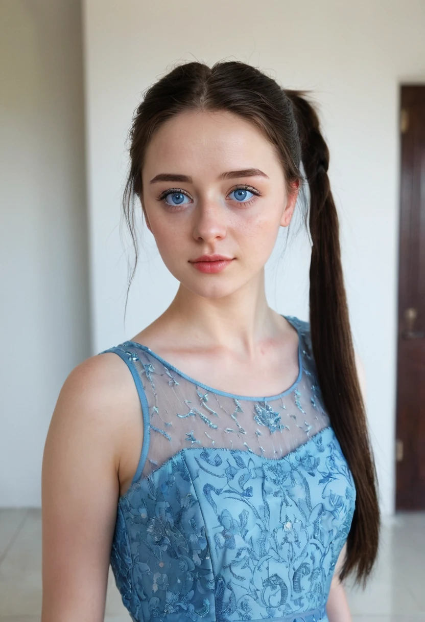 selfie face shot, 19 yrs old woman, 1.65m high, dark hair, ponytail, a strand of hair on the face, blue eyes, standing, sandals, blue dress, perfect face, (Kontakt Iris: 1.1), pale skin, some skin blemishes, several birthmarks, skin pores, low depth of field, soft light, low light, masterpiece, 8K, (Beautiful eyes with very delicate:1.3),(beautiful big clear eyes)