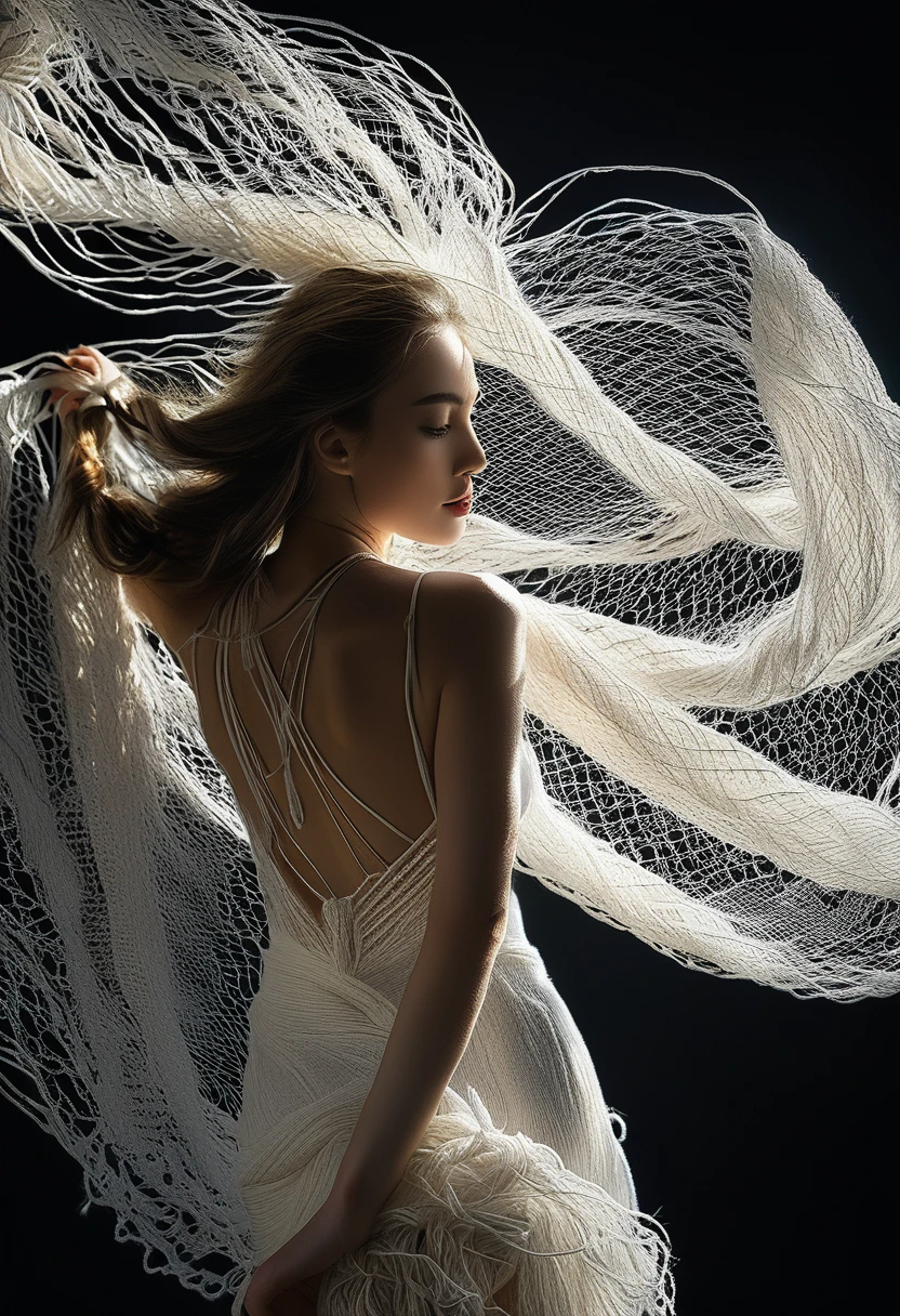 Female Model，Dark background，Backlight,Long white yarn，Michal Katz Style，Ultra-fine details，photography,4K